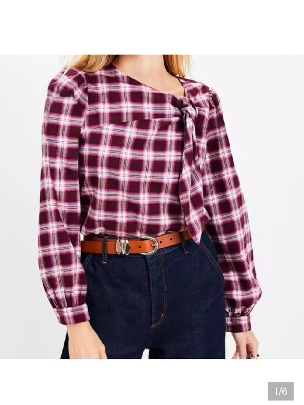 LOFT Plaid Button-Up Top in Plum and Pink, 100% Cotton